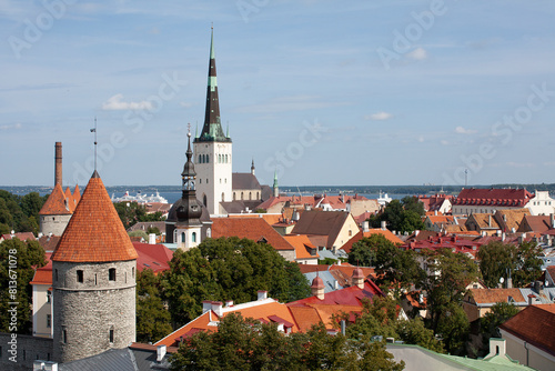 Beautiful aerial view of Tallinn old town. Medieval city in Northen Europe. The capital of Estonia. Beautiful Tallinn on a summer day.