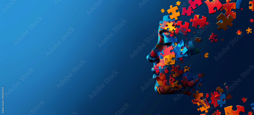World Autism Awareness Day banner, portrait of a woman face and multicolored color puzzle World Autism Awareness Day banner, portrait of a woman face and multicolored color puzzle
