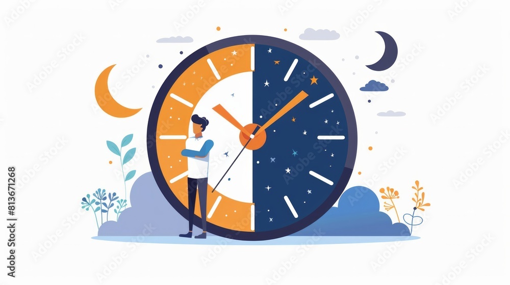 Person near clock, changing day and night circle, day and might routine, circadian rhythm, time for rest and work concepts Person near clock, changing day and night circle, day and might routine, circadian rhythm, time for rest and work concepts