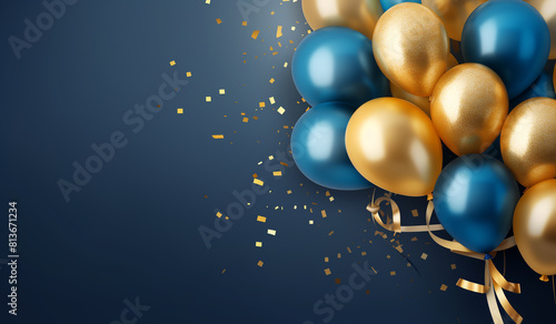 Gift card with gold and blue balloons on blue and blue background.