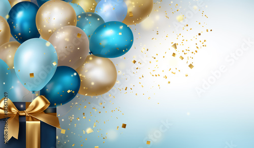 Gift card with gold and blue balloons on blue and blue background.