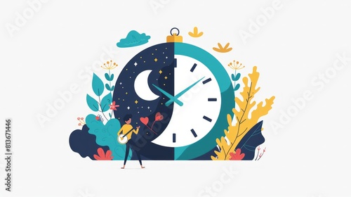 Person near clock, changing day and night circle, day and might routine, circadian rhythm, time for rest and work concepts