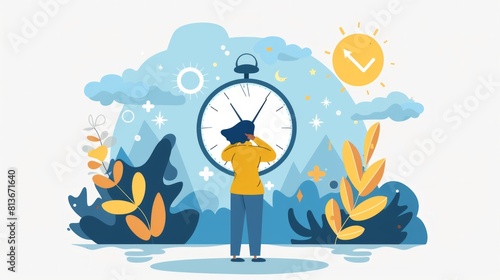 Person near clock, changing day and night circle, day and might routine, circadian rhythm, time for rest and work concepts