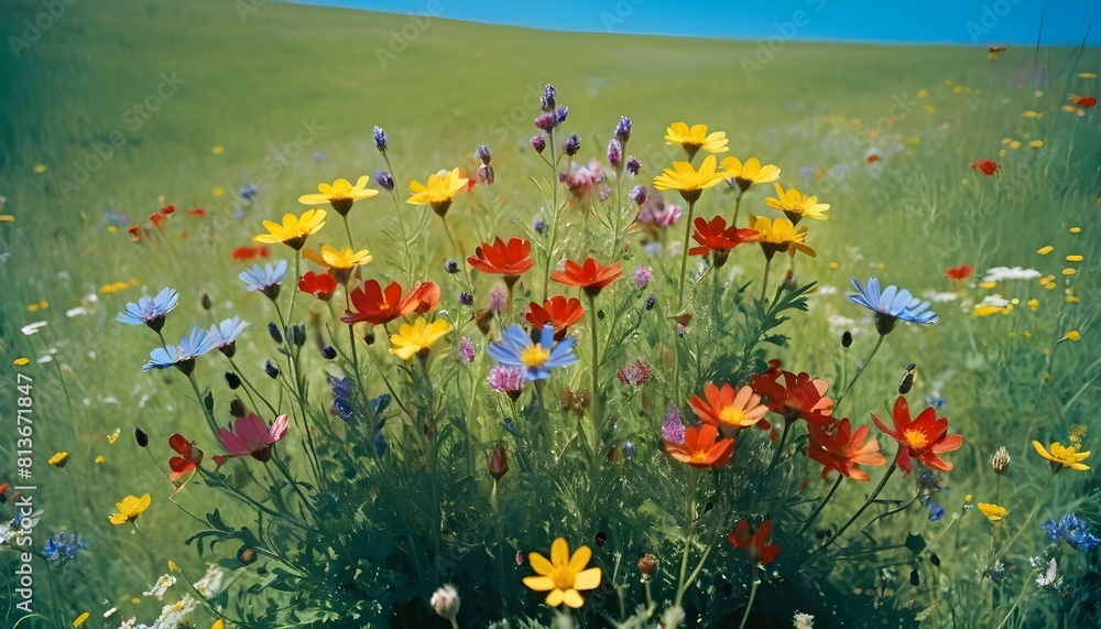 Beautiful Wildflower Meadow with Colorful Blooms Under Clear Blue Sky - Perfect for Nature Backgrounds, Environmental Themes, and Floral Designs