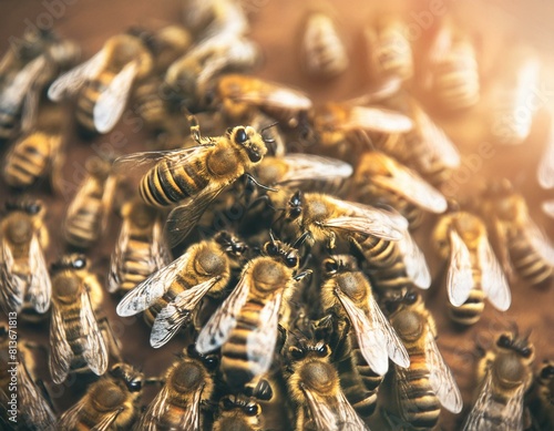 Photo macro réaliste d’un grand groupe d’abeilles dans leur environnement naturel