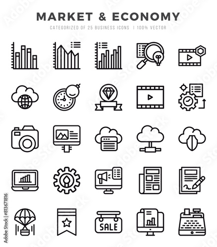 Set of Market & Economy Icons. Simple Lineal art style icons pack.