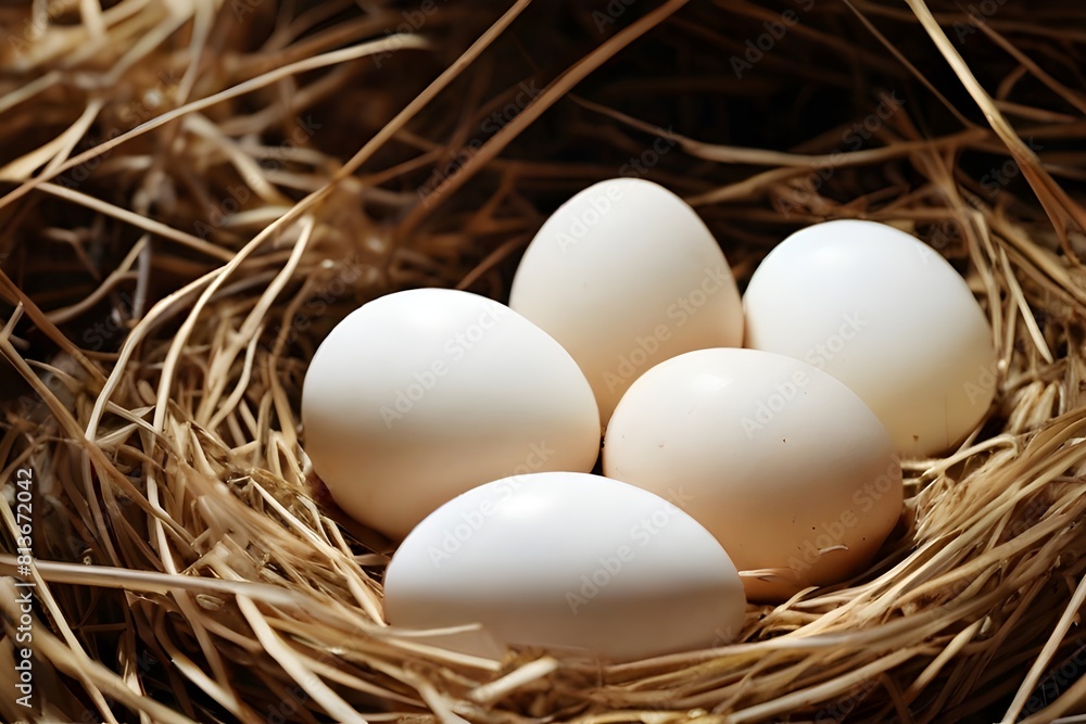 A hen proudly sitting on her clutch of freshly laid eggs A hen proudly sitting on her clutch of freshly laid eggs