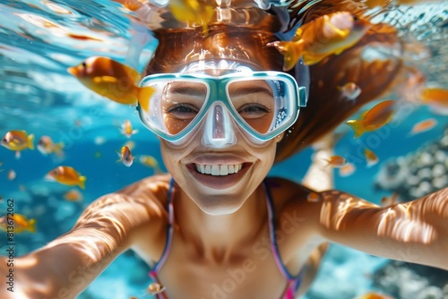 Young woman enjoying snorkeling among vibrant corals and tropical fish in crystal clear waters