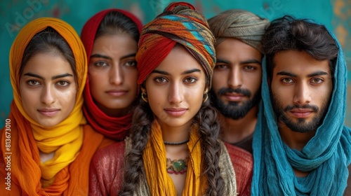 Colorful Portrait of Young Indian Friends with Traditional Turbans and Scarves