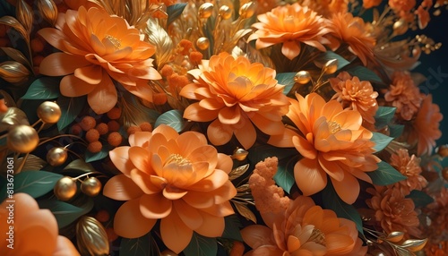 Vibrant Artificial Orange Flower Arrangement with Golden Berries - Lush Floral Decor for Seasonal Celebrations, Home Decoration Ideas, Festive Backgrounds photo