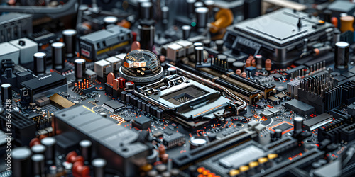 "The Heart of the Machine: Examining Electronic Components on a Motherboard" "Tech Insights: Dissecting a Computer Motherboard" "Complex Connections: The Intricacies of a Motherboard's Electronics"