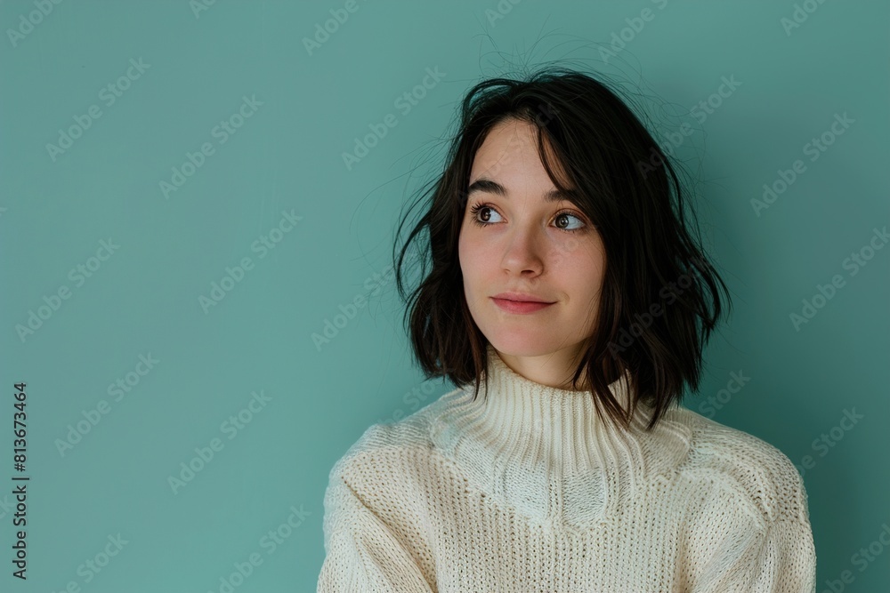 Fototapeta premium A woman with short hair and a white sweater is looking at the camera