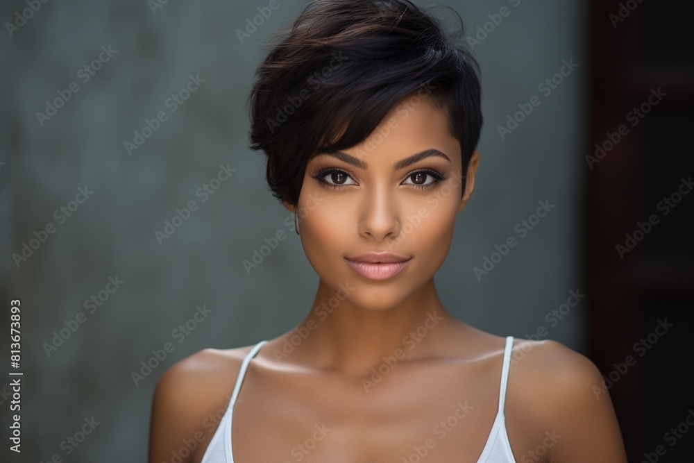A woman with short hair and a white tank top is smiling A woman with short hair and a white tank top is smiling