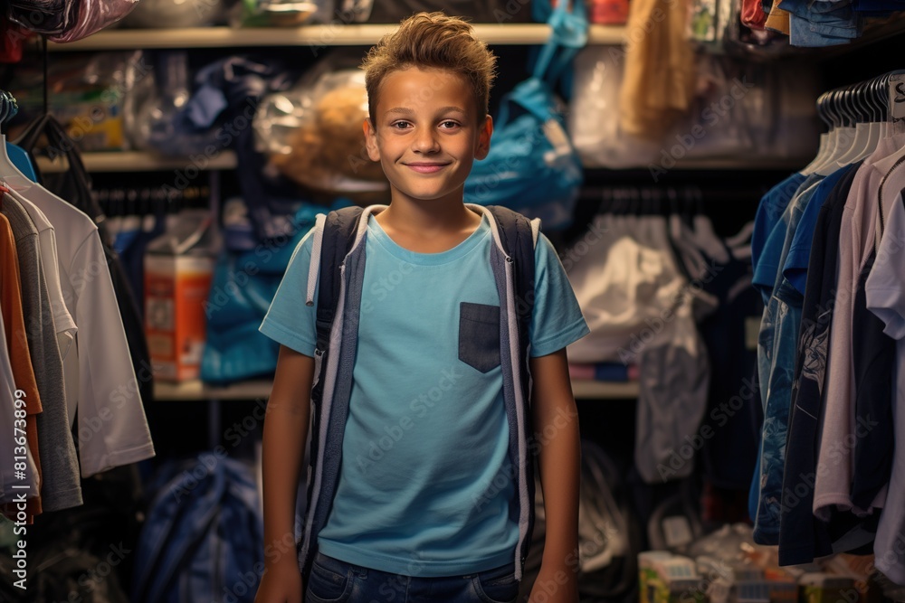Obraz premium A young boy is standing in a closet with a backpack on
