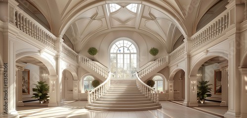 An airy entrance hall with a grand staircase and a vaulted ceiling, flooding the space with natural light and creating a sense of grandeur and spaciousness photo
