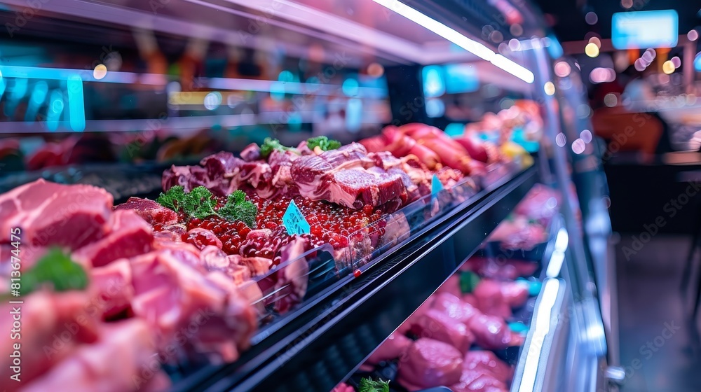 Market showcase shelves with chilled meat in close-up, arranged for advertising purposes, clarity emphasized with studio lights Market showcase shelves with chilled meat in close-up, arranged for advertising purposes, clarity emphasized with studio lights