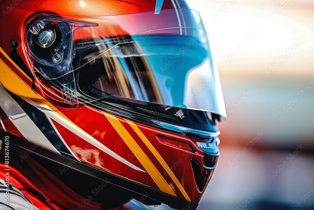 Close-up of a red racing helmet and suit Close-up of a red racing helmet and suit