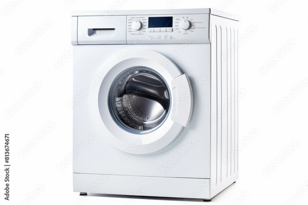 Contemporary front-load washer with digital display, isolated on a white background with a clear view Contemporary front-load washer with digital display, isolated on a white background with a clear view