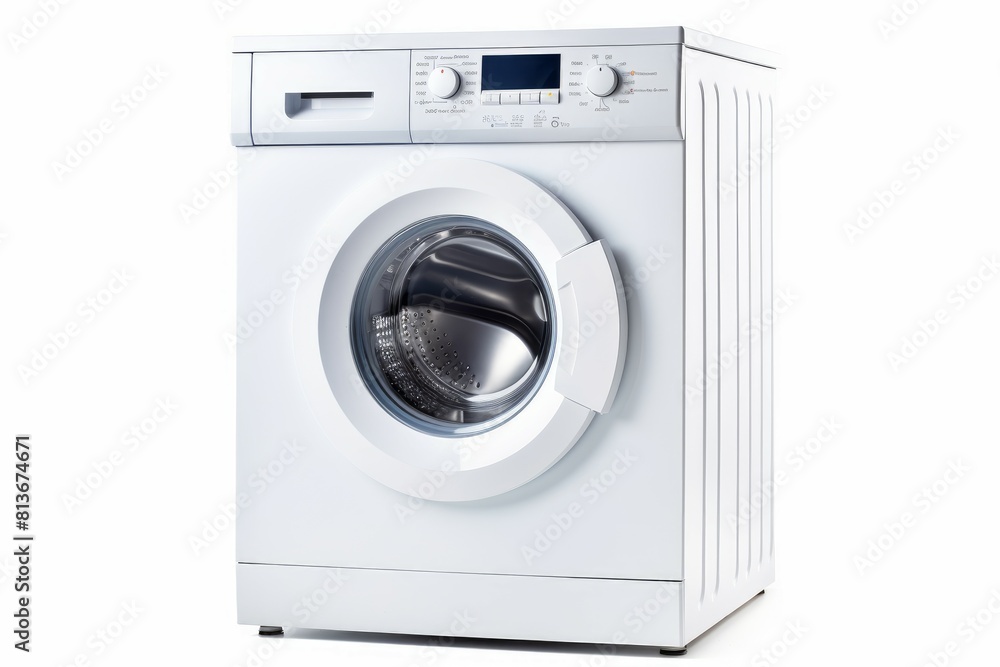 Contemporary front-load washer with digital display, isolated on a white background with a clear view