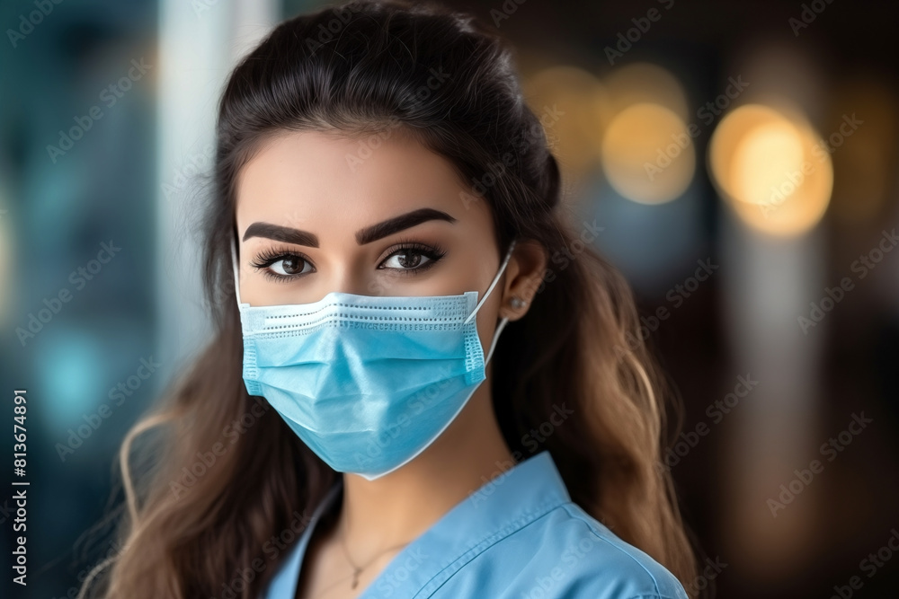 A young female healthcare professional wearing a blue scrub and a protective medical mask. A young female healthcare professional wearing a blue scrub and a protective medical mask.