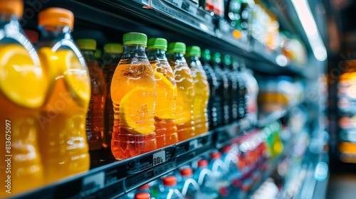 Isolated background and studio-lit close-up of fresh drinks in a supermarket fridge, focused on clarity and advertising effectiveness