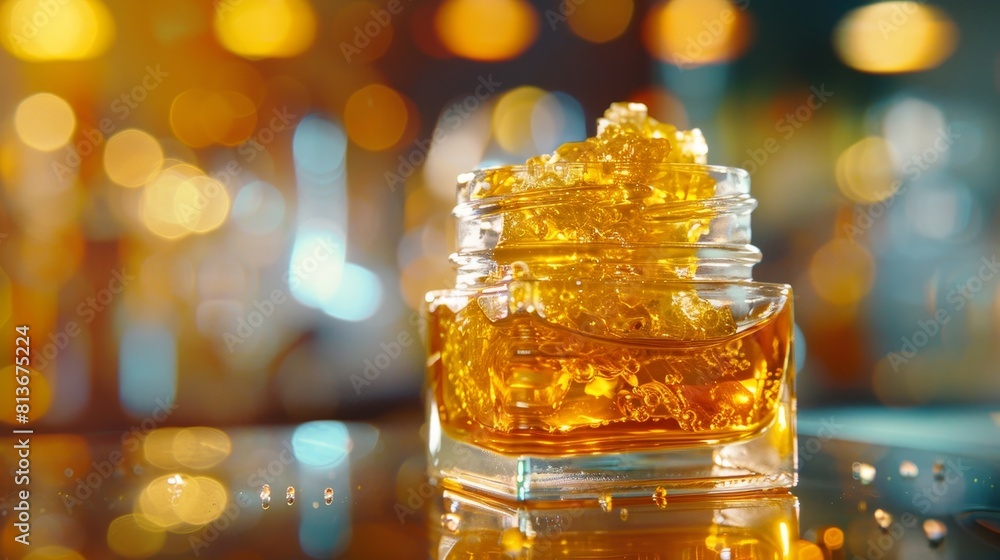 Intimate view of concentrated cannabis live resin product in a clear jar, emphasizing detail and texture under isolated lighting Intimate view of concentrated cannabis live resin product in a clear jar, emphasizing detail and texture under isolated lighting