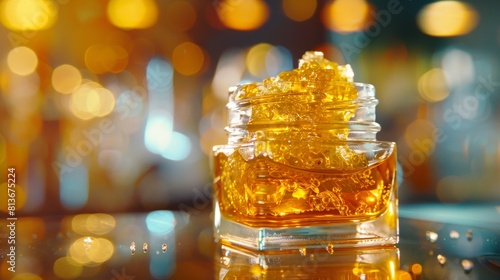 Intimate view of concentrated cannabis live resin product in a clear jar, emphasizing detail and texture under isolated lighting