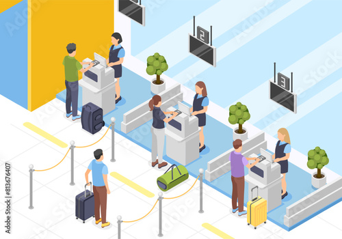 Isometric airport baggage tape and check in service. Passengers registration plane process. People with suitcases waiting, flawless vector scene photo