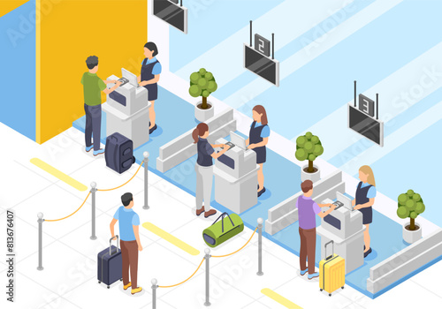 Isometric airport baggage tape and check in service. Passengers registration plane process. People with suitcases waiting, flawless vector scene