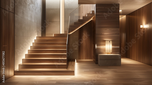 Warm modern interior with a cantilevered staircase in walnut wood  complemented by a soft  neutral color palette and soft lighting.