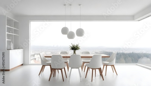 A white dining room featuring a table and chairs set up for dining