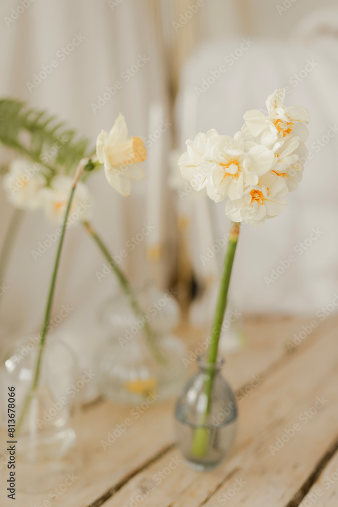 beautiful bedroom interior with a bed and curtains in white colors and with green plants in pots. Cozy and bright atmosphere of the house with large windows and white flowers. Country house in rural s beautiful bedroom interior with a bed and curtains in white colors and with green plants in pots. Cozy and bright atmosphere of the house with large windows and white flowers. Country house in rural s