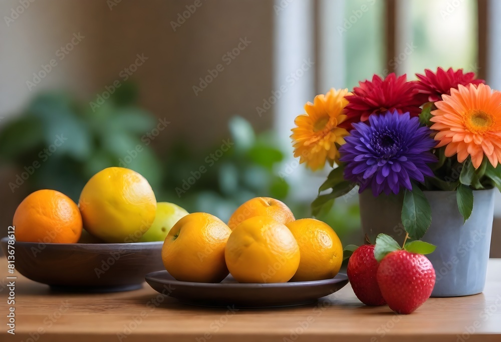 A bowl filled with vibrant oranges, ripe strawberries, and fresh lemons placed on a wooden table A bowl filled with vibrant oranges, ripe strawberries, and fresh lemons placed on a wooden table