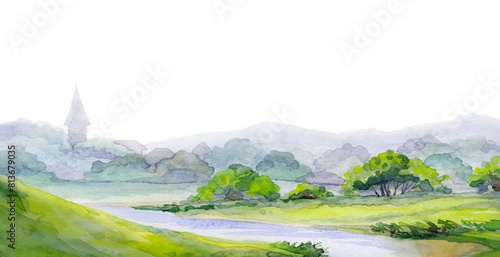 Watercolor illustration. City by the lake