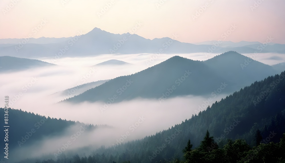 A mountain range covered in thick fog as the sun rises, creating a mystical and serene atmosphere