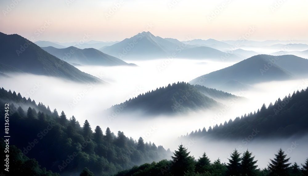 Obraz premium A foggy mountain range with trees in the background, creating a mystical and atmospheric scene