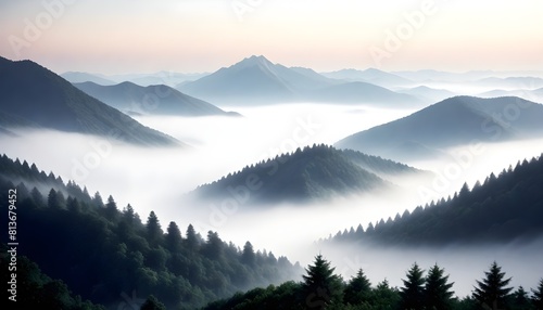 A foggy mountain range with trees in the background  creating a mystical and atmospheric scene