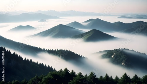 Thick fog covering a mountain range, partially obscuring the peaks and creating a mystical atmosphere