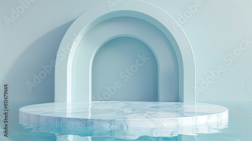Diecut PNG of a soft blue pastel arch podium with a reflective water surface beneath, perfect for aquaticthemed showcases © miss[SIRI]