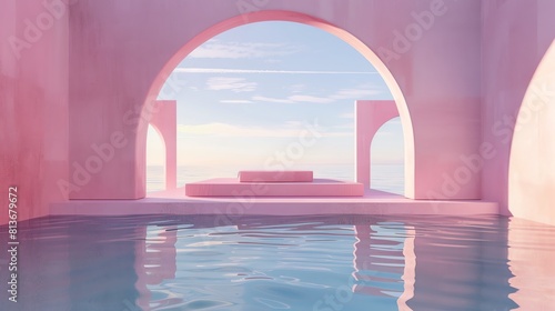 Elegant podium under a pastel pink arch  mirrored in calm waters  creating a tranquil scene for luxury cosmetics