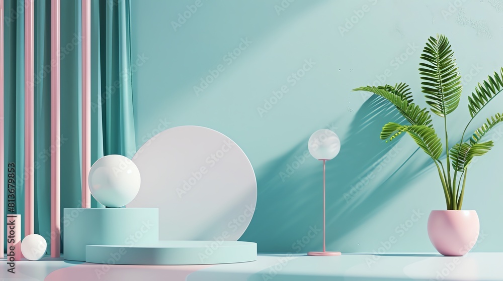 Geometric podium in a soft pastel teal, designed to showcase modern tech gadgets in a calming environment Geometric podium in a soft pastel teal, designed to showcase modern tech gadgets in a calming environment
