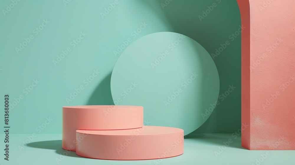 Minimal podium in matte pastel coral, set against a muted mint backdrop for a soothing product showcase Minimal podium in matte pastel coral, set against a muted mint backdrop for a soothing product showcase