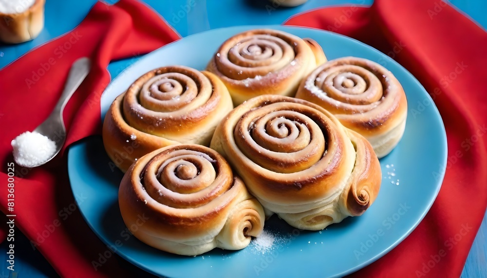 Cinnamon buns arranged on a blue plate, accompanied by a spoon, ready to be served or enjoyed Cinnamon buns arranged on a blue plate, accompanied by a spoon, ready to be served or enjoyed