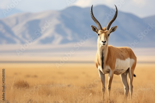 Graceful antelope gazes across its natural habitat, the african savannah, with mountains in the distance © juliars