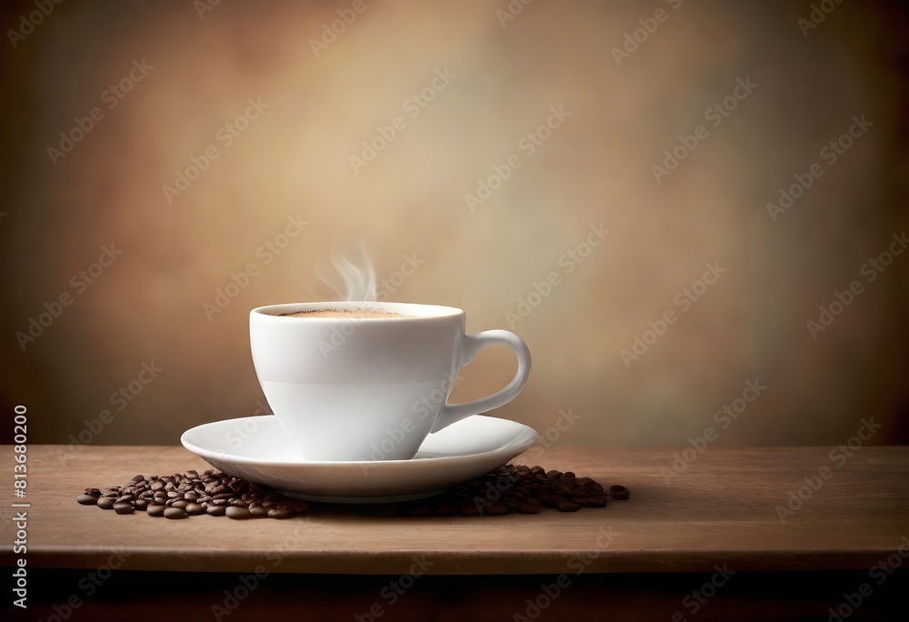 A white cup filled with coffee resting on a wooden table in a bright setting A white cup filled with coffee resting on a wooden table in a bright setting