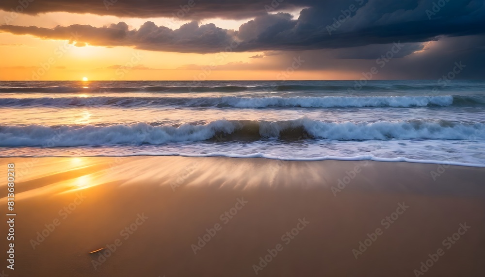 The sun is setting in the background as waves crash onto the sandy beach