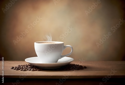 A white cup filled with coffee resting on a wooden table in a bright setting