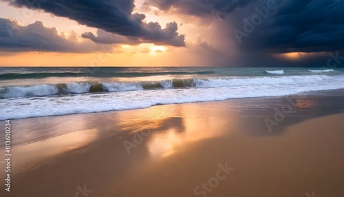 A stormy sky looms over a beach where turbulent waves crash onto the shore, creating a dramatic and intense scene