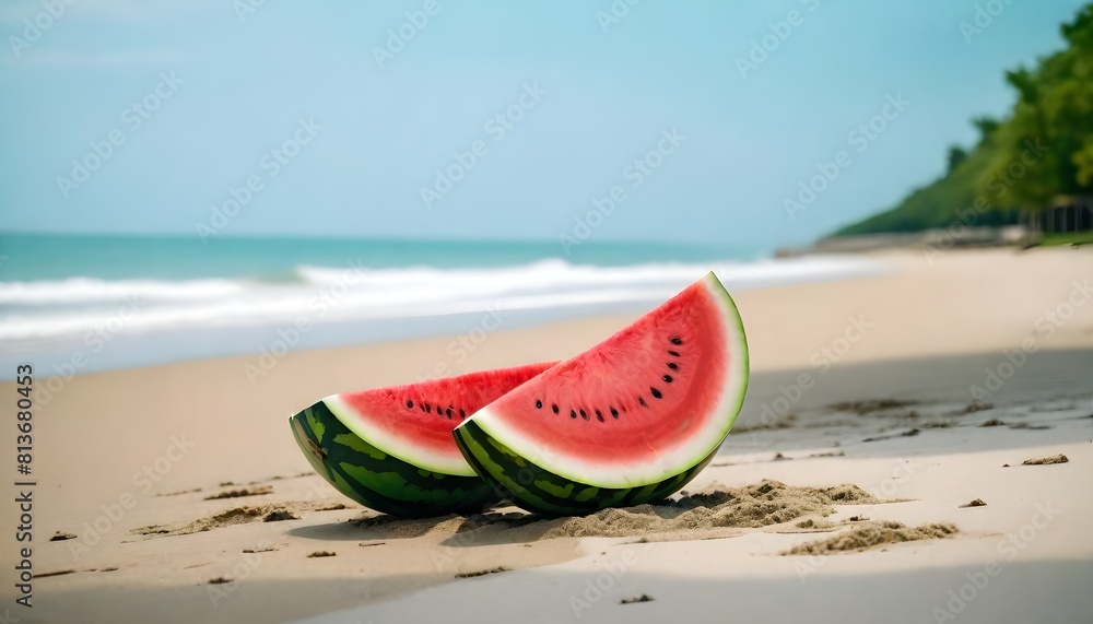 Two juicy watermelon slices placed on sandy beach Two juicy watermelon slices placed on sandy beach
