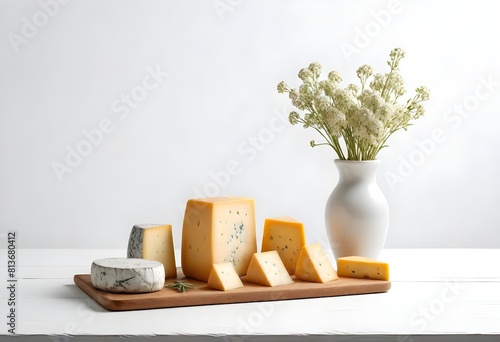 Blue cheese placed on a wooden board alongside a vase of colorful flowers photo